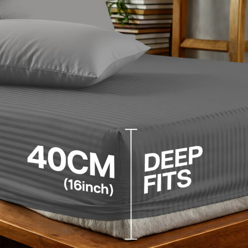 Imperial Rooms (2X Double, Grey) 40cm Deep Stripe Fitted Sheet with Free Pillowcases | Extra Deep Stretchable Hotel Quality Fitted Bed Sheets in 2 Pack 2