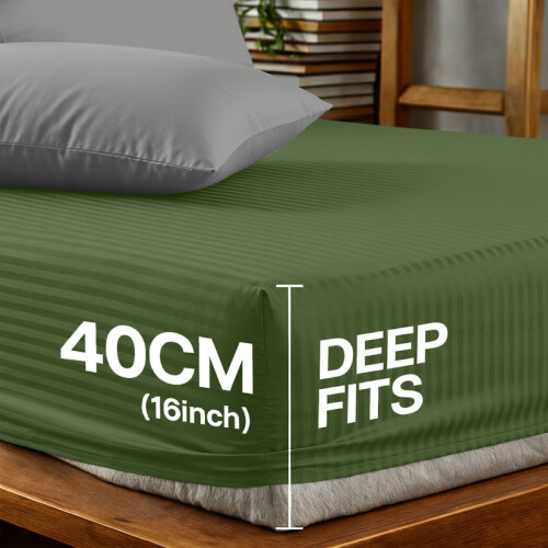 Imperial Rooms (2X Double, Olive Green) 40cm Deep Stripe Fitted Sheet with Free Pillowcases | Extra Deep Stretchable Hotel Quality Fitted Bed Sheets in 2 Pack 2