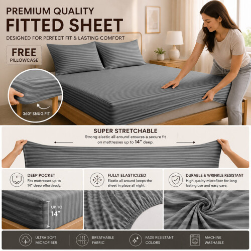 Imperial Rooms (2X Double, Grey) 40cm Deep Stripe Fitted Sheet with Free Pillowcases | Extra Deep Stretchable Hotel Quality Fitted Bed Sheets in 2 Pack 1