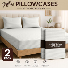 (2X King, White) 40cm Deep Stripe Fitted Sheet with Free Pillowcases | Extra Deep Stretchable Hotel Quality Fitted Bed Sheets in 2 Pack