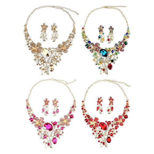 Ensemble collier et boucles d'oreilles floraux-Rose rouge 1