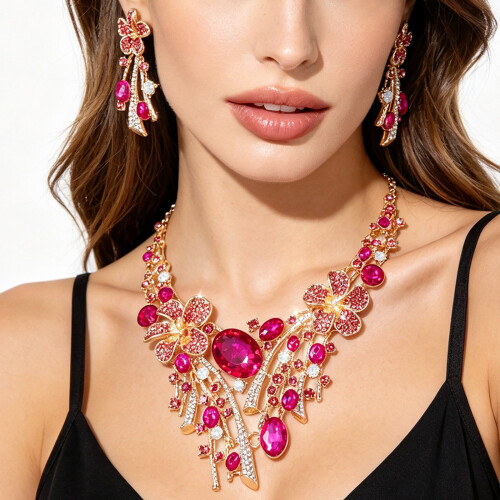 Ensemble collier et boucles d'oreilles floraux-Rose rouge 2