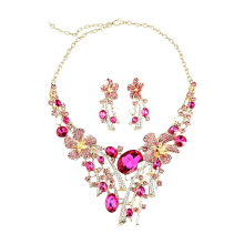 Ensemble collier et boucles d'oreilles floraux-Rose rouge