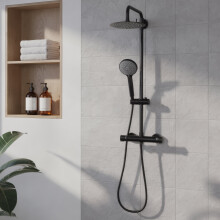 Baridi Thermostatic Shower Mixer Set, 20cm Round Head, Height Adjustable Rail, Black - DH315