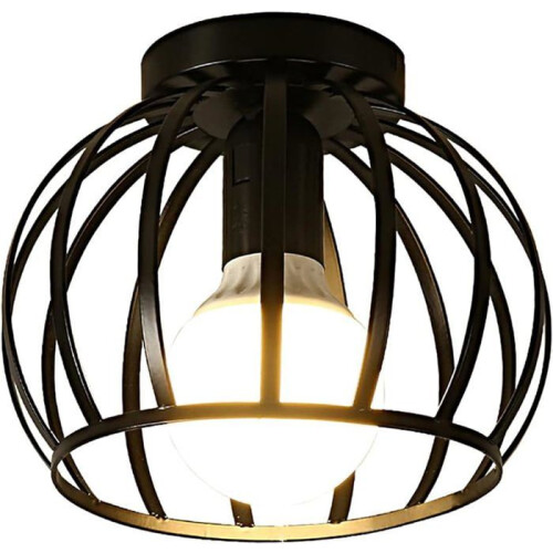 Vintage Ceiling Light, Semi-Flush Mount Black Ceiling Light, Metal Cage Ceiling Shade with E27 Socket