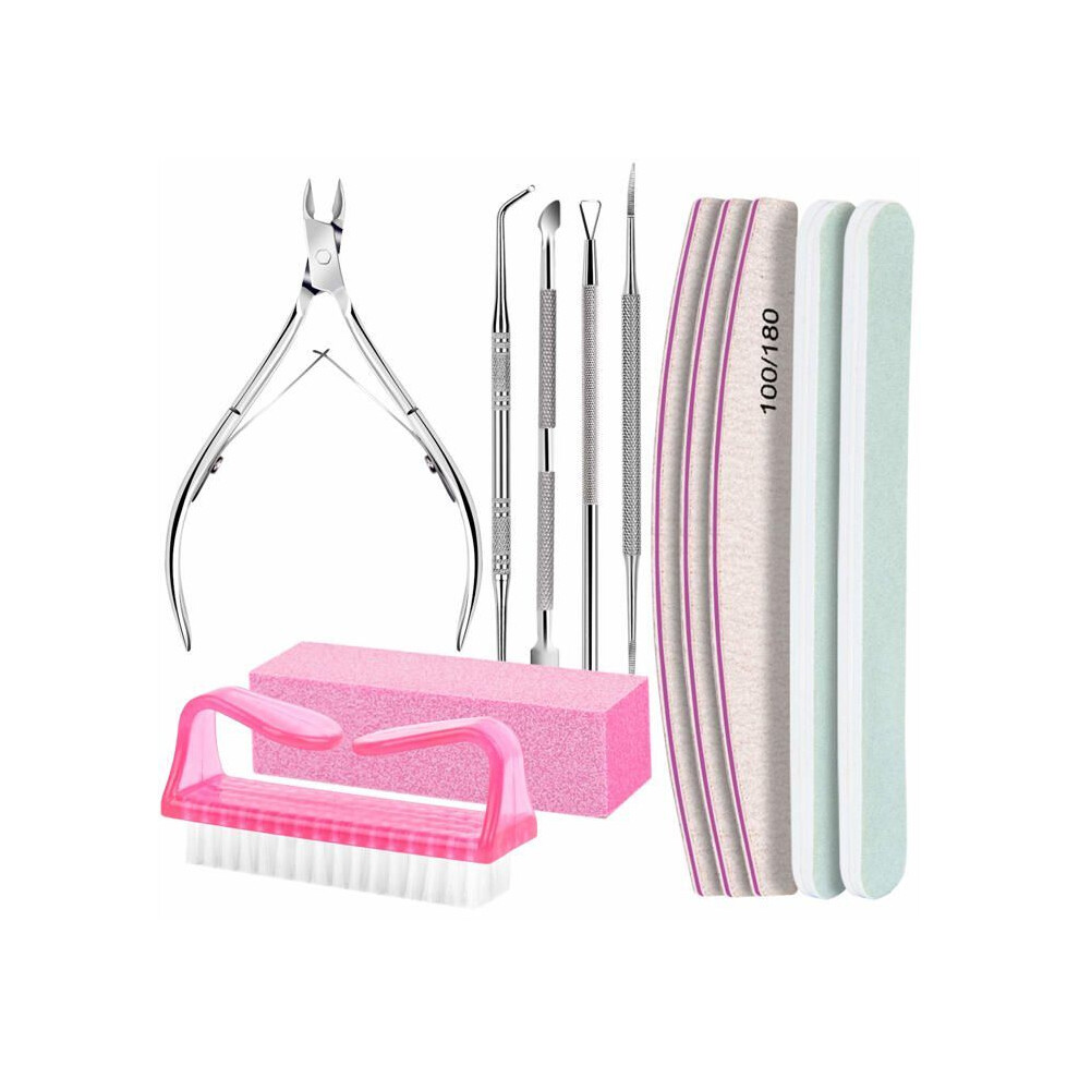 Pink Set Of 12 Nail Files, Cuticle Nippers With 100/180 Grit Nail Files, Nail Buffer Block Kit, Cuticle Pusher,