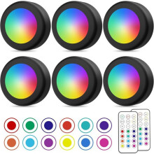Wireless LED Spotlights, Colored Closet Lights with Remote Control, Battery Powered Wardrobe Lighting, Pack of 6, Black