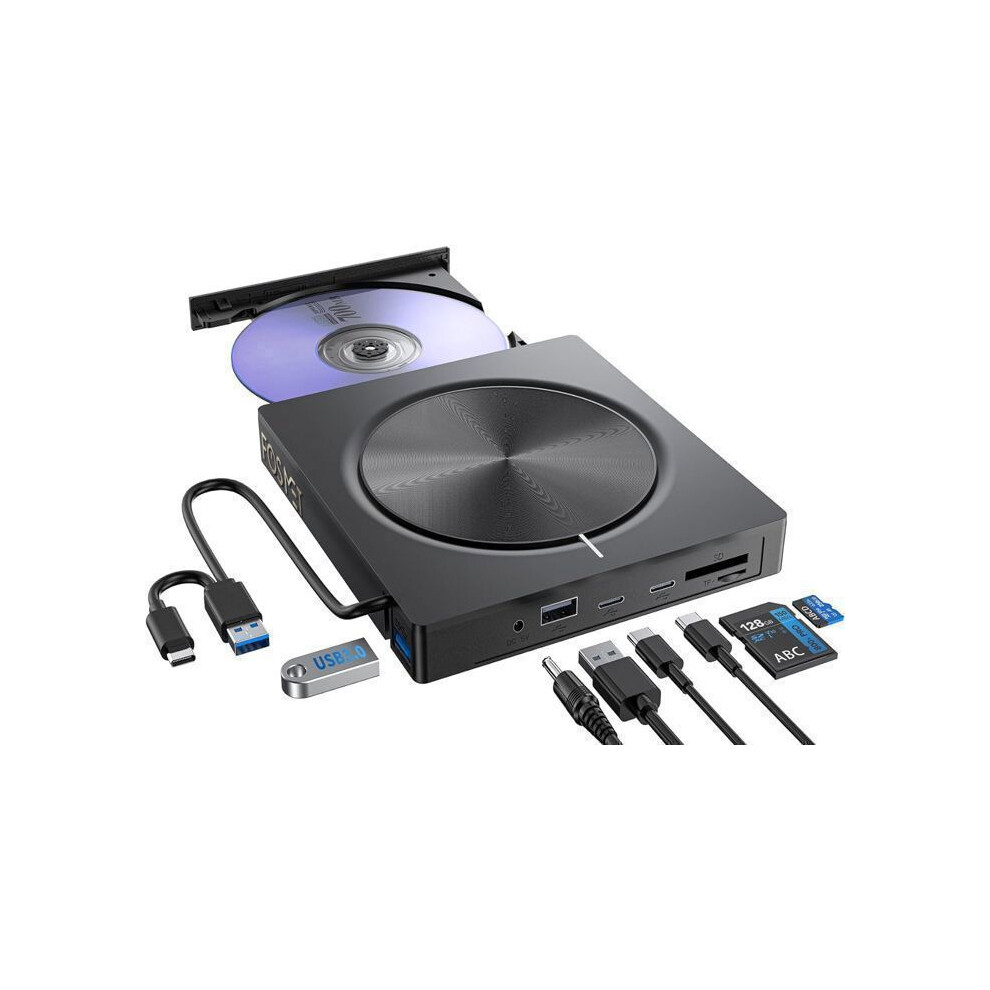 Fosmet External Cd/Dvd Reader/Writer, Usb 3.0 And Usb-C Dvd Burner With 2*Usb-A, 2*Usb-C And Sd/Tf Slot, Optical Cd For 3447901386326