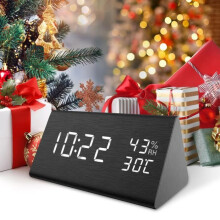 Sveglia digitale a LED, controllo del suono, sveglia in legno con display digitale di temperatura e umidità per la casa
