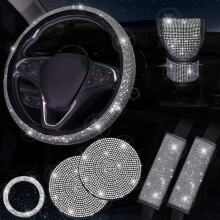 7-piece car accessory set, bling steering wheel cover, seat belt cover, silver