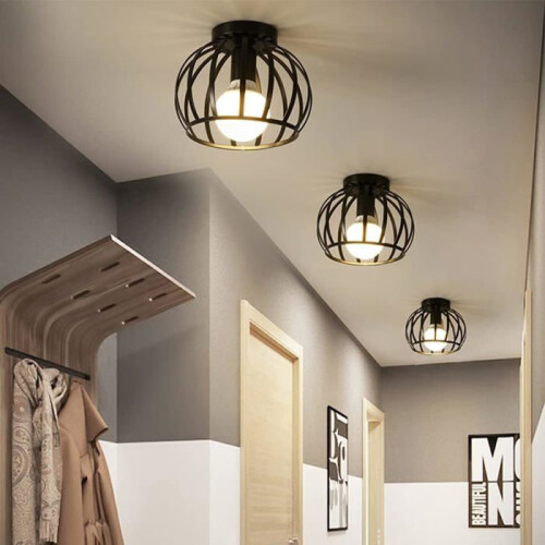 Vintage Ceiling Light, Semi-Flush Mount Black Ceiling Light, Metal Cage Ceiling Shade with E27 Socket 1