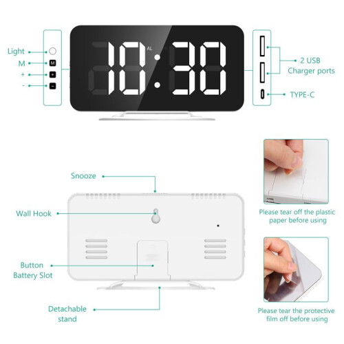 Digitaler Wecker – LED – Spiegel – Schlummerfunktion – Einstellbare Helligkeit – USB-Ladefunktion 1