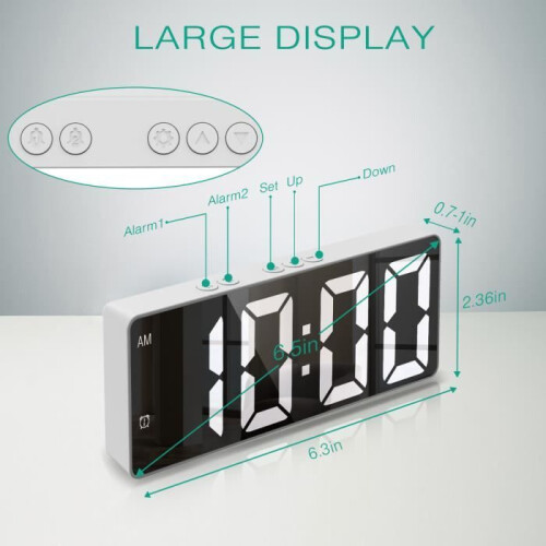 LED Mirror Digital Alarm Clock, LED Alarm Clock with Snooze Function, Real-Time Temperature (White) 2