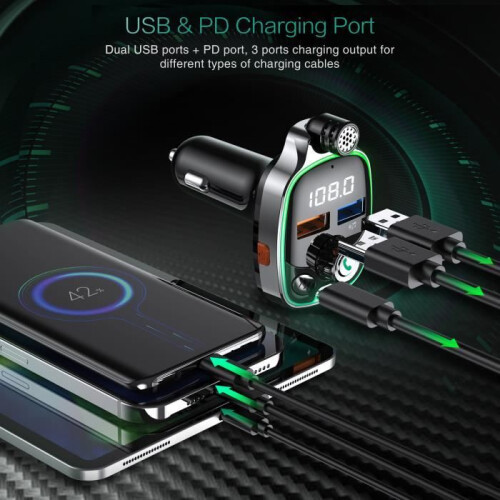 Auto Bluetooth FM-zender, Bluetooth 5.0 auto-adapter, USB/PD/Type-C, Bluetooth/U-schijf/TF-kaart afspelen 1