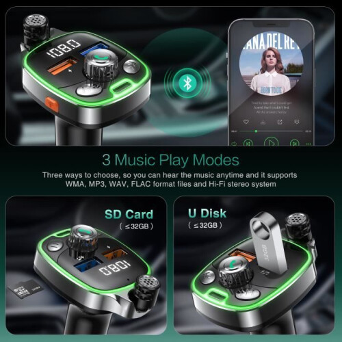 Car Bluetooth FM Transmitter, Bluetooth 5.0 Car Adapter, USB/PD/Type-C, Bluetooth/U Disk/TF Card Playback 2