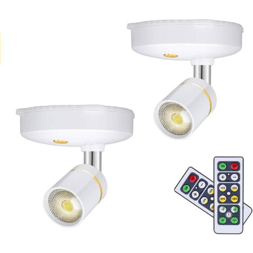 Lot de 2 mini spots sans fil à piles pour tableau d'intérieur à intensité variable avec télécommande à coller n'importe où