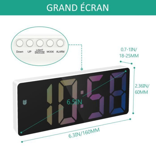Digital Alarm Clock, LED Alarm Clock with Snooze Function, Adjustable Brightness, with Workday Mode (White + Color Font) 2