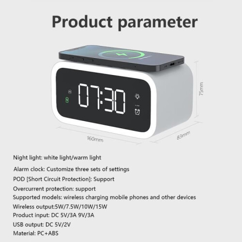 LED digital alarm clock with night light, snooze function, wireless charging function YC805, 12/24 hour timer, 3 independent alarms 1