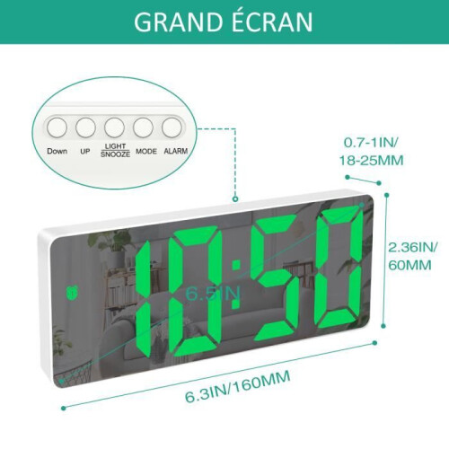 Digital Alarm Clock, LED Alarm Clock with Snooze Function, Adjustable Brightness, with Workday Mode (White + Green Font) 2