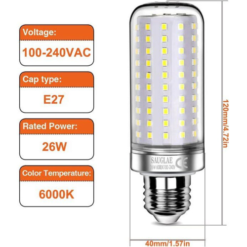 Λαμπτήρες LED 26W, Ισοδύναμοι με λαμπτήρες πυρακτώσεως 200W, 3000Lm, Ψυχρό Λευκό 6000K, Λα 2
