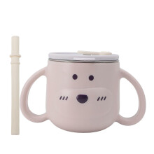 Toddler Insulation 316L Stainless Steel Cup with Straw Double Walled Dual Handles Cute Baby Insulated Cup Pink