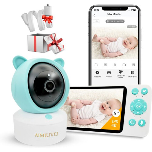 Κάμερα μωρού AIMIUVEI 4K 5" με οθόνη PTZ 355 με ανίχνευση κίνησης και ήχου, αυτόματη παρ