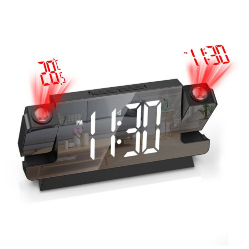 Despertador com projetor de teto, tela espelhada de 7,7 polegadas, visor de temperatura, alarme duplo, 3 níveis de brilho ajustáveis e alarm