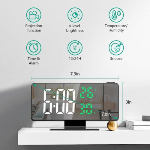 Ξυπνητήρι με προβολή LED, 4 επίπεδα φωτεινότητας, λειτουργία αναβολής, οθόνη θερμ 2