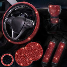 Set of 7 Red Car Accessories: 15-inch Steering Wheel, Seat Belt Cover, Gear Shift Cover, Red