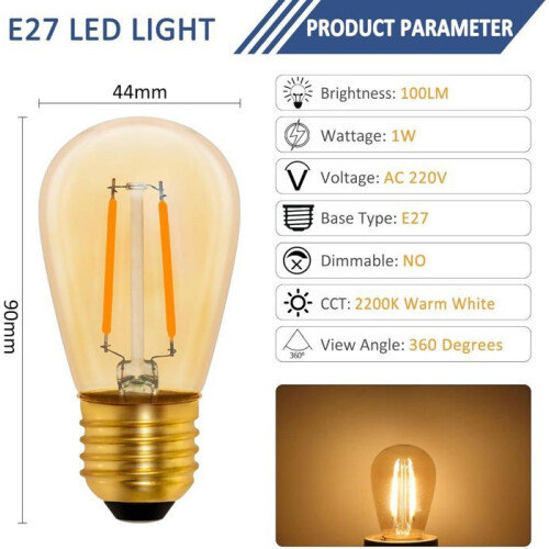 Λαμπτήρας LED S14 Vintage E27, 1W Amber Edison ανταλλακτικός για πυρακτώσεις 10W, χωρίς ρύθμιση φ 2