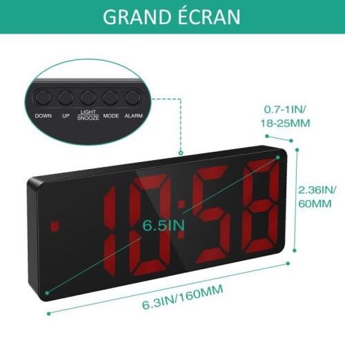 Digital Alarm Clock, LED Alarm Clock with Snooze Function, Adjustable Brightness, with Working Day Mode (Red) 2