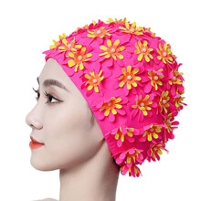 Artistic Hand Sewn 3 Layer Flower Swim Hat Fashionable-Red