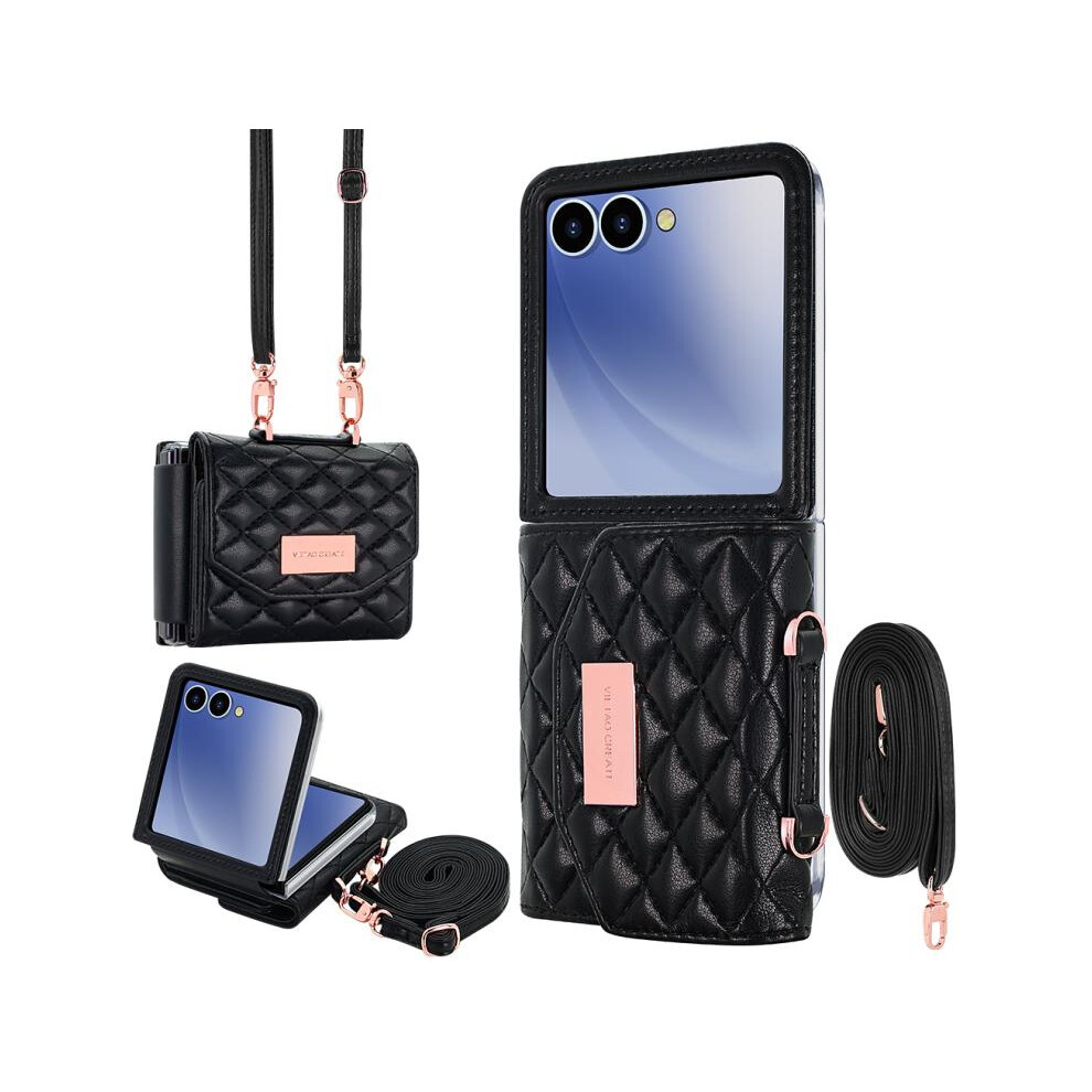 Compatible Gift Samsung Galaxy Z Flip7 5G Vietao Rhombic Texture Wallet Pu Phone Case With Long Lanyard(Black):For Samsung Galaxy Z Flip7 5G Black 4553314203842