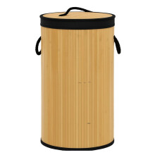 Collapsible Round Bamboo Laundry Basket Lid Hamper