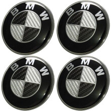 4 phíosa Lógó BMW 68mm Lár-Roth Caipín Mol Imeall Snáithín Carbóin Dubh Liath Suaitheantas