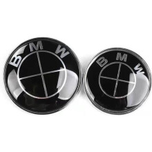 2 x Schwarzes BMW Logo-Emblem für Motorhaube (82 mm) + Heckklappe (74 mm)