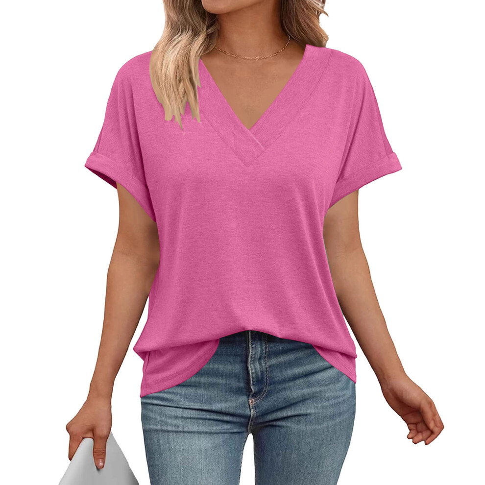 T Shirts Short Sleeve V Neck Tees Womens Tops Beach-rose red S