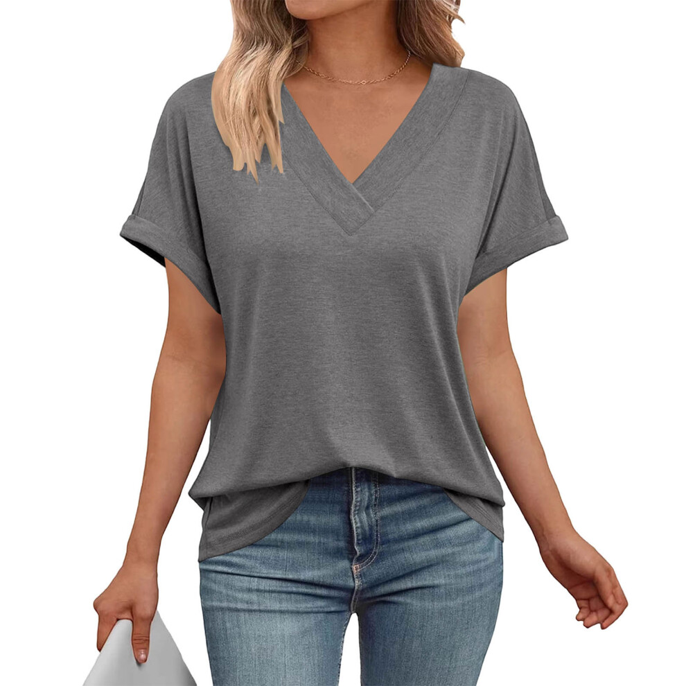 T Shirts Short Sleeve V Neck Tees Womens Tops Beach-Dark Grey L