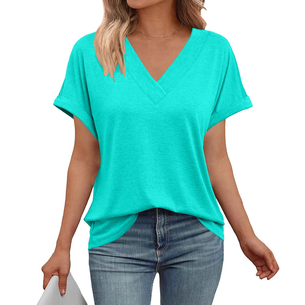 T Shirts Short Sleeve V Neck Tees Womens Tops Beach-emerald S