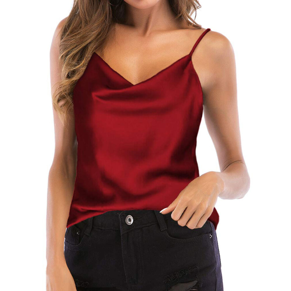 Women's spaghetti strap V-neck satin vest, draped neck-Claret S