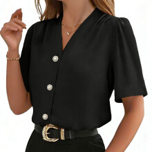 Summer Blouse V Neck Short Sleeve Button Front Women's-Black S