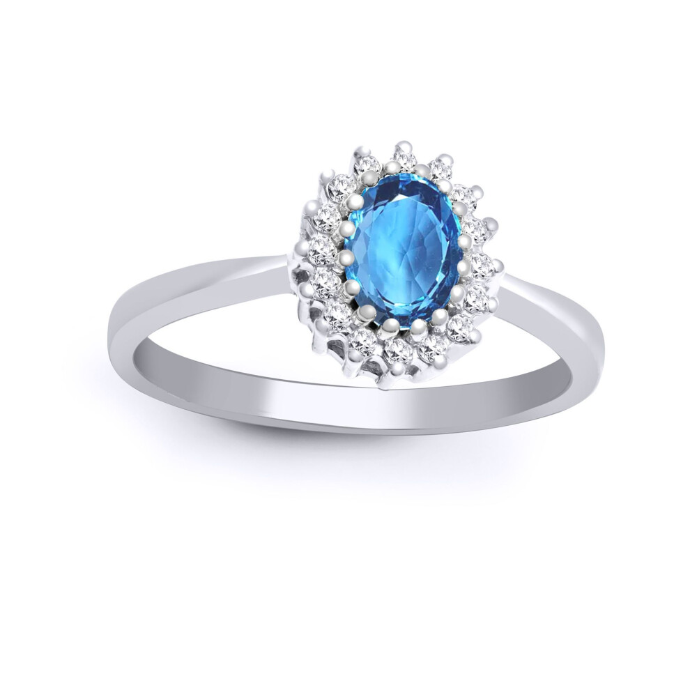 Jewelco London (S) 9Ct White Gold H I2 0.12Ct Diamond Oval Blue 0.57Ct Topaz Classic Royal Cluster Ring 9Mm - 9R410 Blue,White,Gold