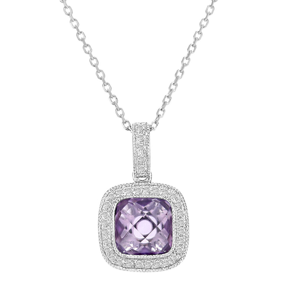 Jewelco London 9Ct White Gold Round 10Pts Diamond Cushion 1.25Ct Amethyst Cocktail Pendant Necklace 16 Inch 42Cm - Dp1axl679wam