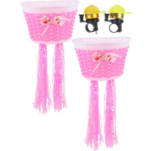 'S Fahrrad-Lenker-Korbklingel-Set mit rosa Flechtkörben, Klingeln in zufälliger Farbe und rosa Bändern