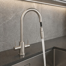 SinkEase® Modern Mono Kitchen Sink Mixer Tap Twin Lever with Pull Out Spray Swivel Spout Brushed