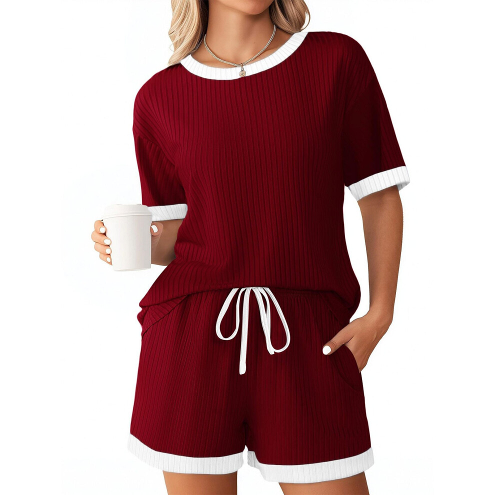 Women's Ribbed Knit Sets, Short Sleeve Top and-Burgundy XXL