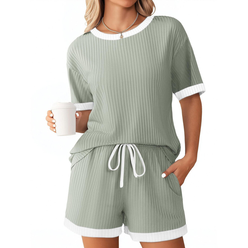 Women's Ribbed Knit Sets, Short Sleeve Top and-light green L