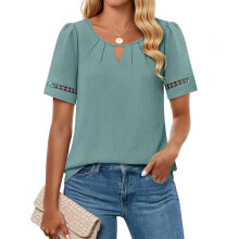 Women's Elegant Hollow Out Crewneck Short-Sleeved-Green XL