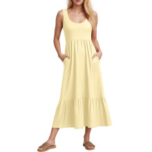 Womens Sleeveless Vest Dress Square Neck Soft Flowing-Beige L