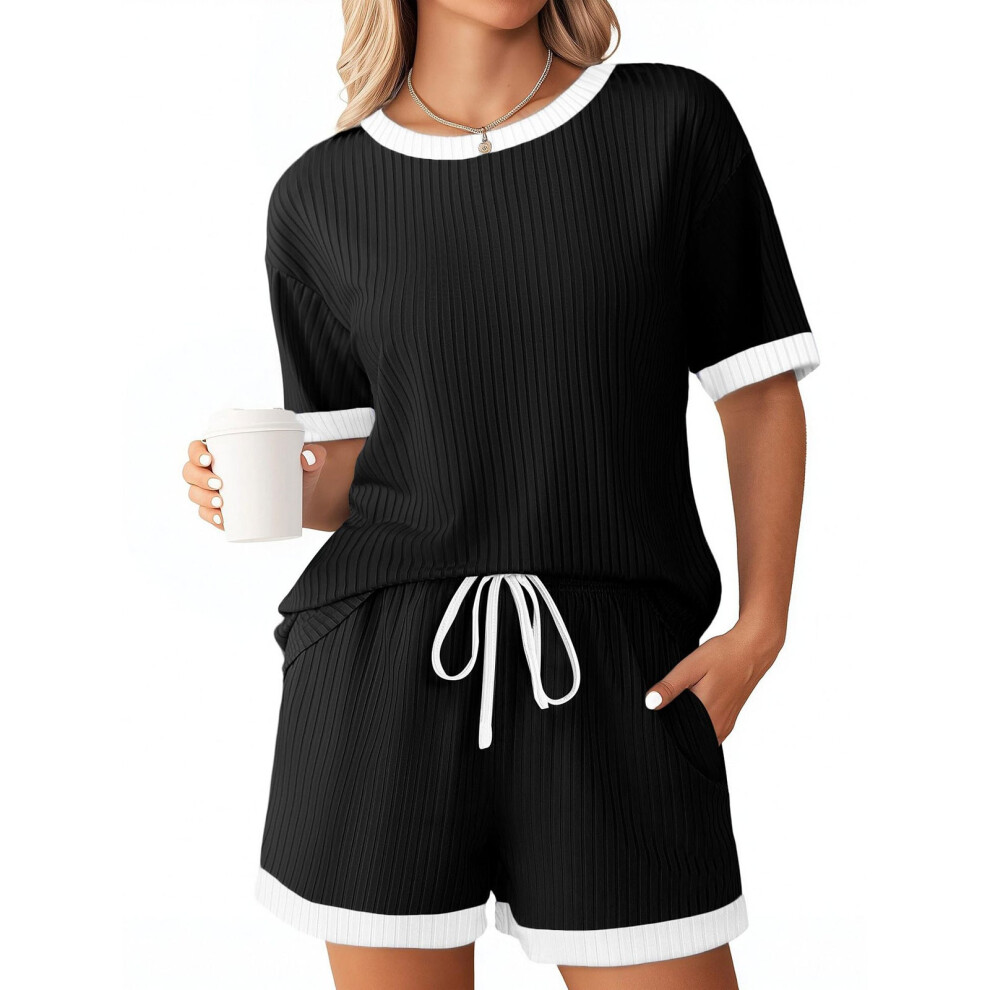 Women's Ribbed Knit Sets, Short Sleeve Top and Shorts,-Black S
